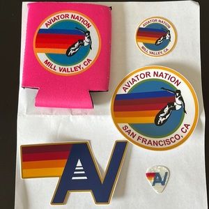 Aviator Nation stickers, cup cozy, guitar pick